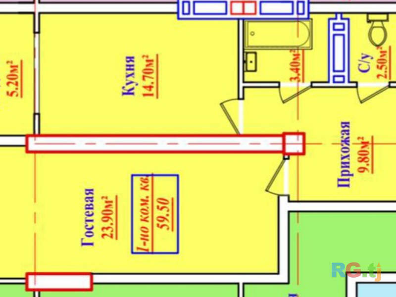 1-комн. квартира, 59 м² 11 этаж на продажу