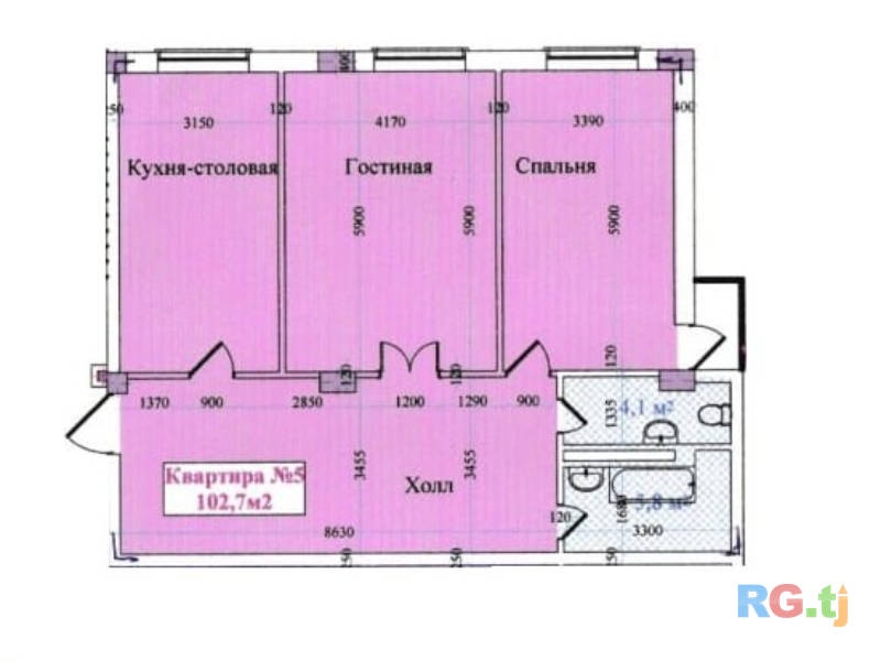 3-комн. квартира, 102,7 м² 5 этаж на продажу